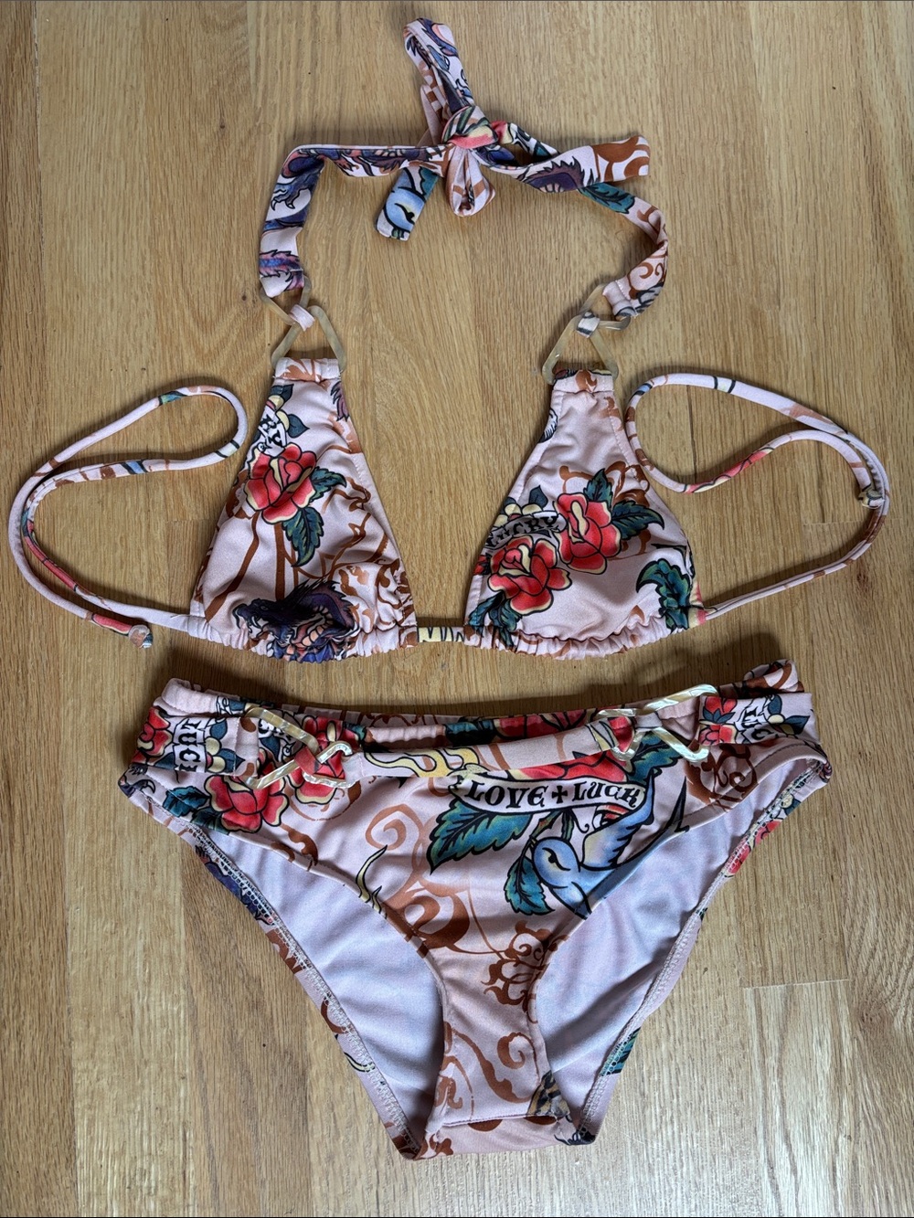 Y2K Lucky Brand Pink Rose Dragon Bird Tattoo Triangle Bikini Set M